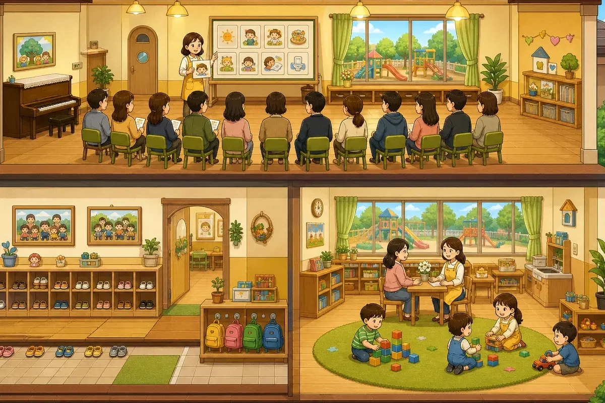 처음학교로 원서접수 완벽 가이드: 일정·우선모집·추첨까지의 선택 기준을 보여주는 유치원 생활 일러스트