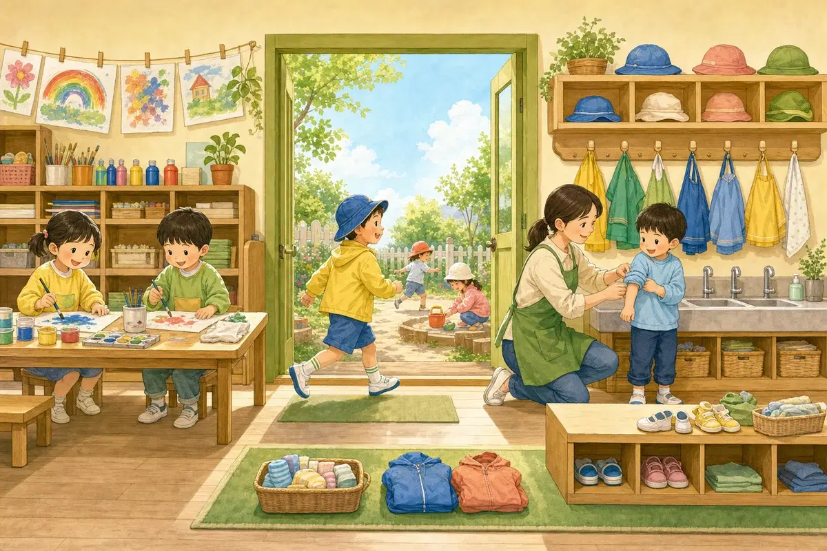 유치원 옷차림, 예쁜 옷보다 하루가 편한 기준의 선택 기준을 보여주는 유치원 생활 일러스트