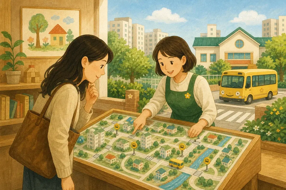공립·사립 유치원 통학차량, 633곳 데이터로 본 차이의 선택 기준을 보여주는 유치원 생활 일러스트