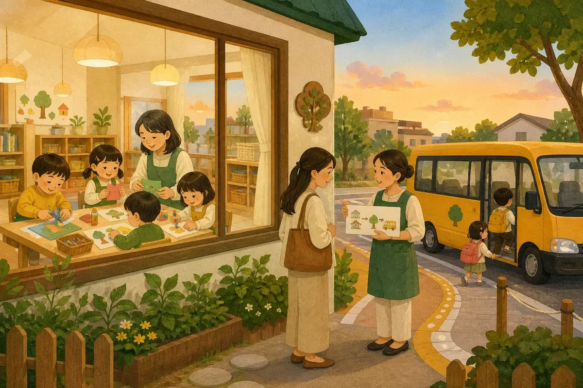 통학차량과 방과후를 함께 고르면 후보는 얼마나 줄까의 선택 기준을 보여주는 유치원 생활 일러스트
