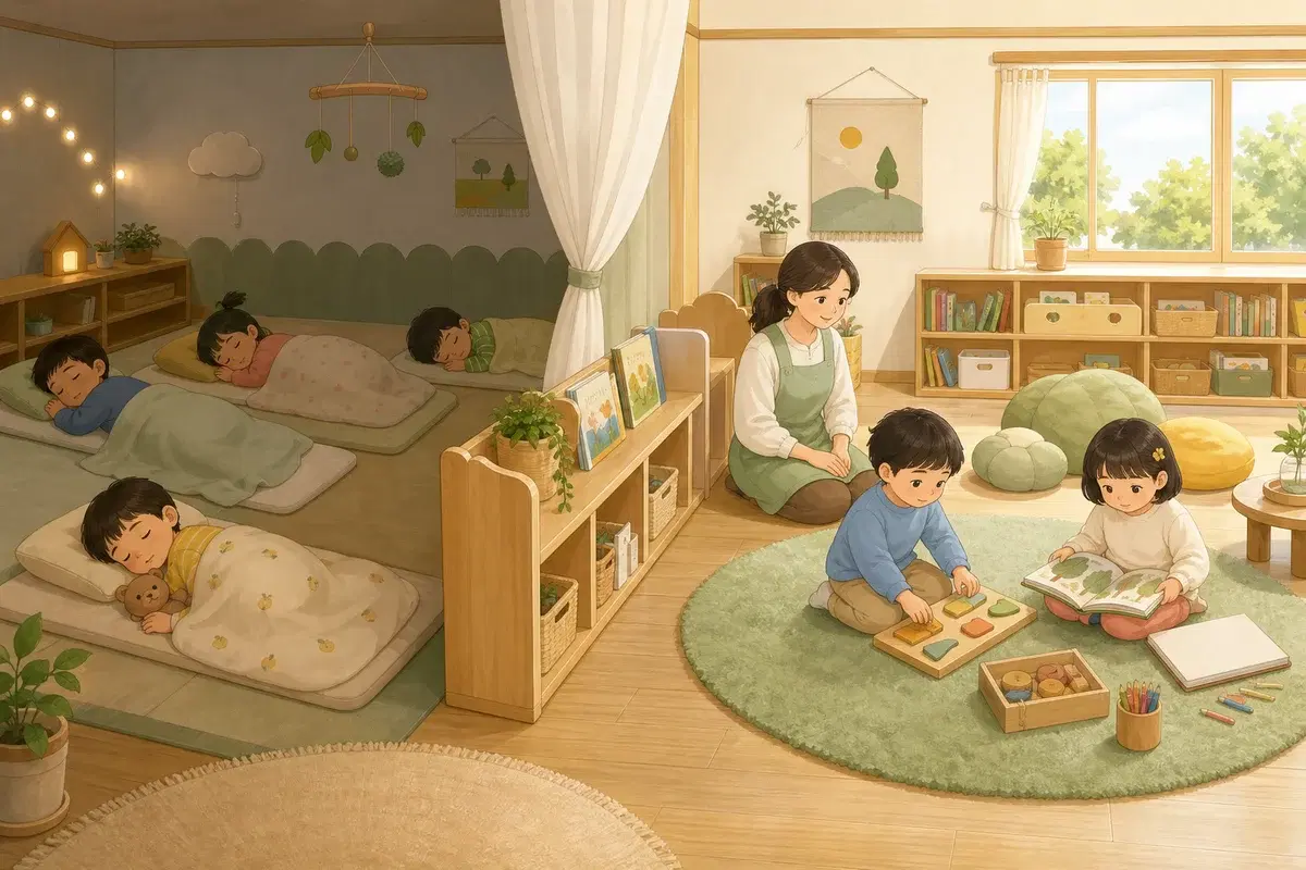 유치원 낮잠과 휴식, 안 자는 아이도 확인할 운영 방식의 선택 기준을 보여주는 유치원 생활 일러스트